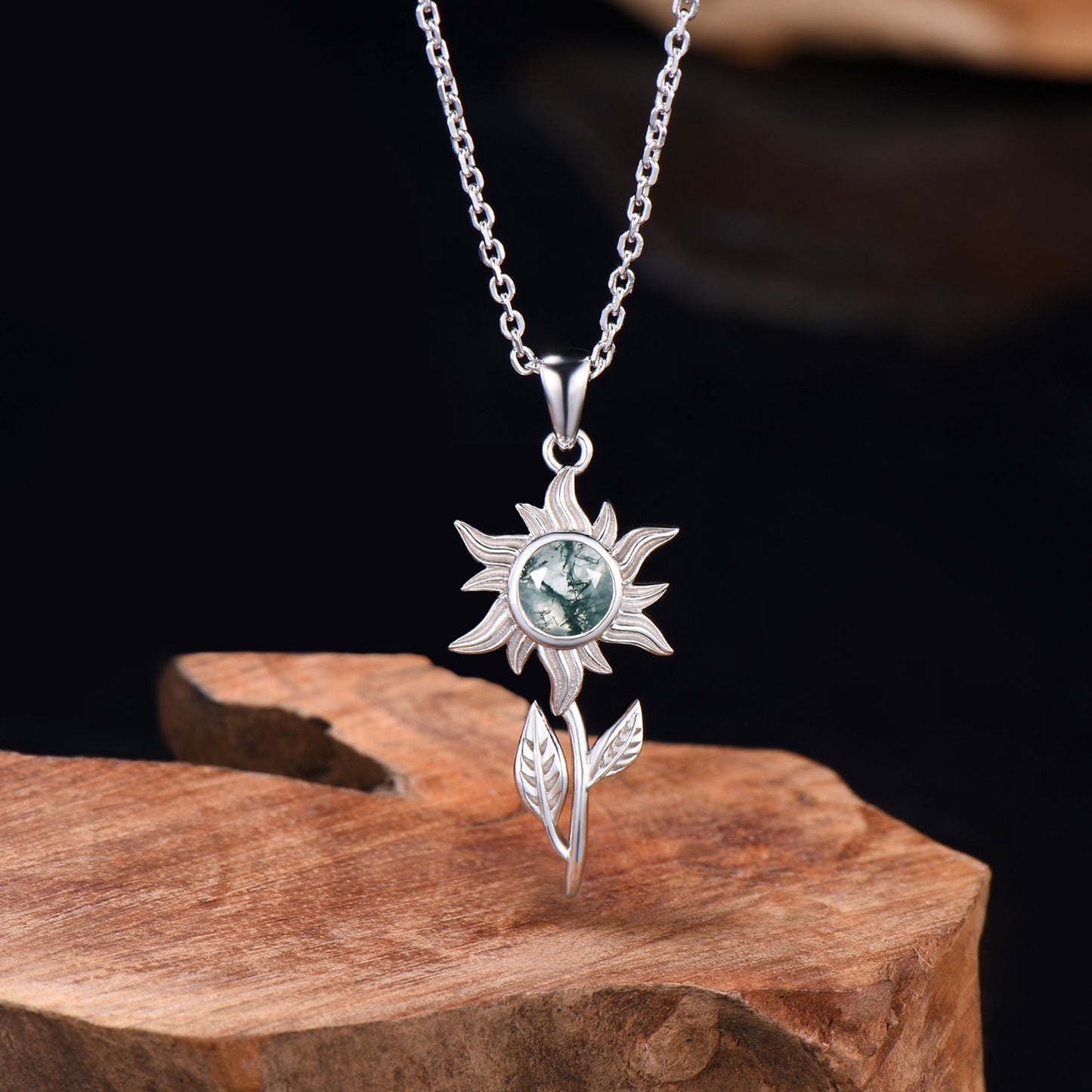 Celestial Round Natural Moss Agate Necklace Solitaire leaf Sun Pendant Nature Inspired Wedding Necklace Anniversary Promise Gifts For Girl