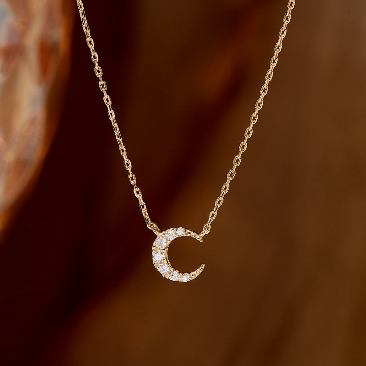 Dainty Pavé Crescent Moon Moissanite Pendant Necklace