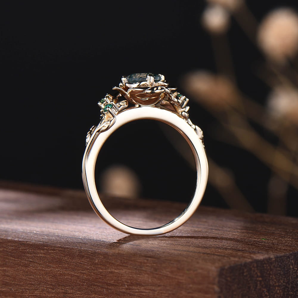 Floral Natural Moss Agate Engagement Ring Rose Gold Nature Inspired Flower Snake Ring