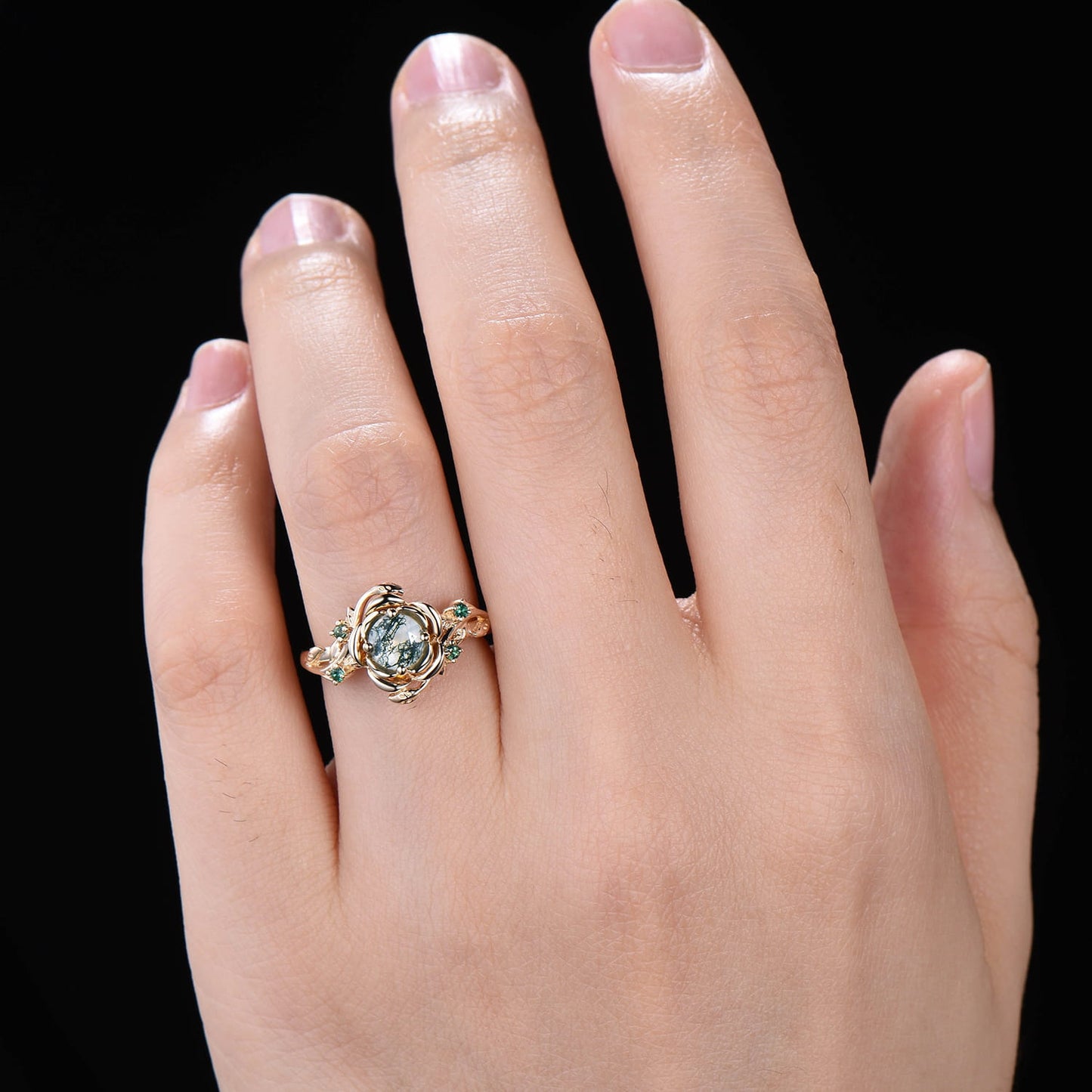 Floral Natural Moss Agate Engagement Ring Rose Gold Nature Inspired Flower Snake Ring