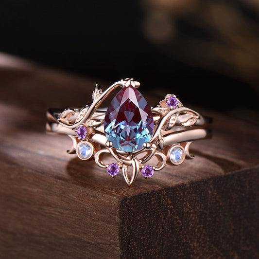 Nature Inspired Pear Alexandrite Bridal Set | Rose Gold Branch Engagement Ring with Opal & Amethyst Crown Band