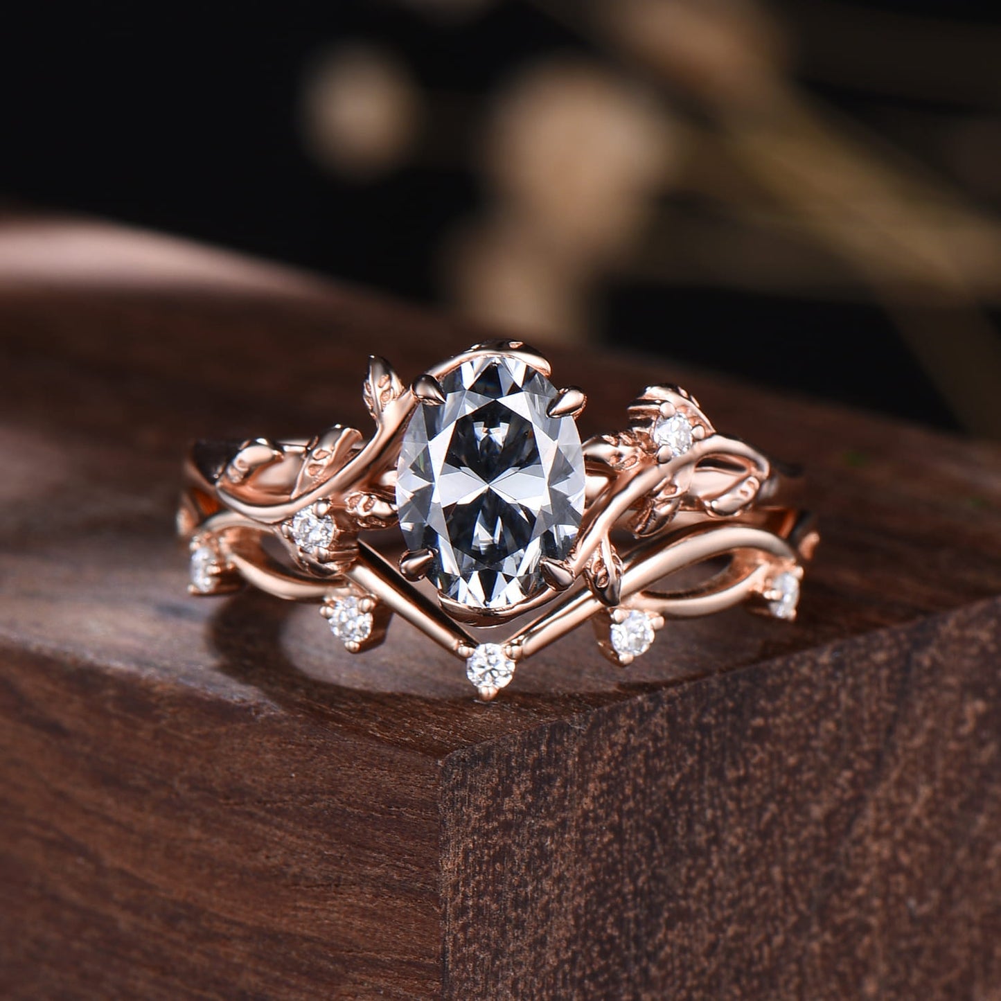 1.5CT Oval Gray Moissanite Wedding Set Leaf Vine Moissanite Engagement Ring Art Deco Stacking Band