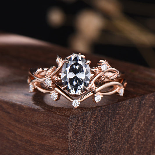 1.5CT Oval Gray Moissanite Wedding Set Leaf Vine Moissanite Engagement Ring Art Deco Stacking Band