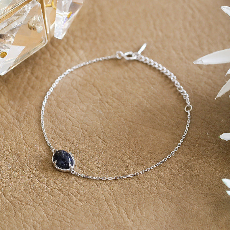 Dainty Silver Blue Sandstone Oval Bracelet
