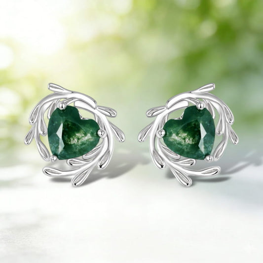 7mm Heart Shaped Moss Agate Engagement Earrings Leaf Flower Nature Inspired Jewelry