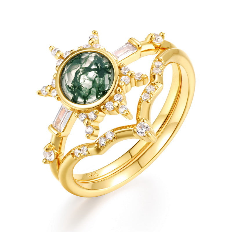 Celestial Sunburst Round Moss Agate Engagement Ring Sun Ring with Nesting Band Unique Bridal Wedding Set