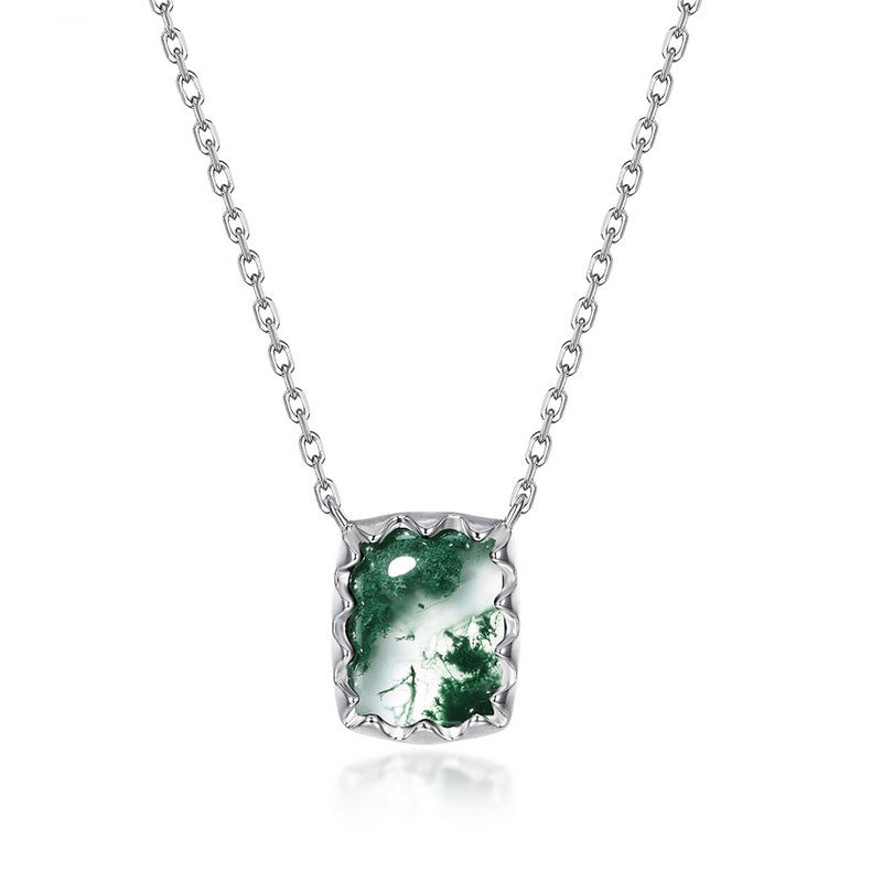Secret Garden 7x9mm Emerald Cut Moss Agate Pendant Necklace