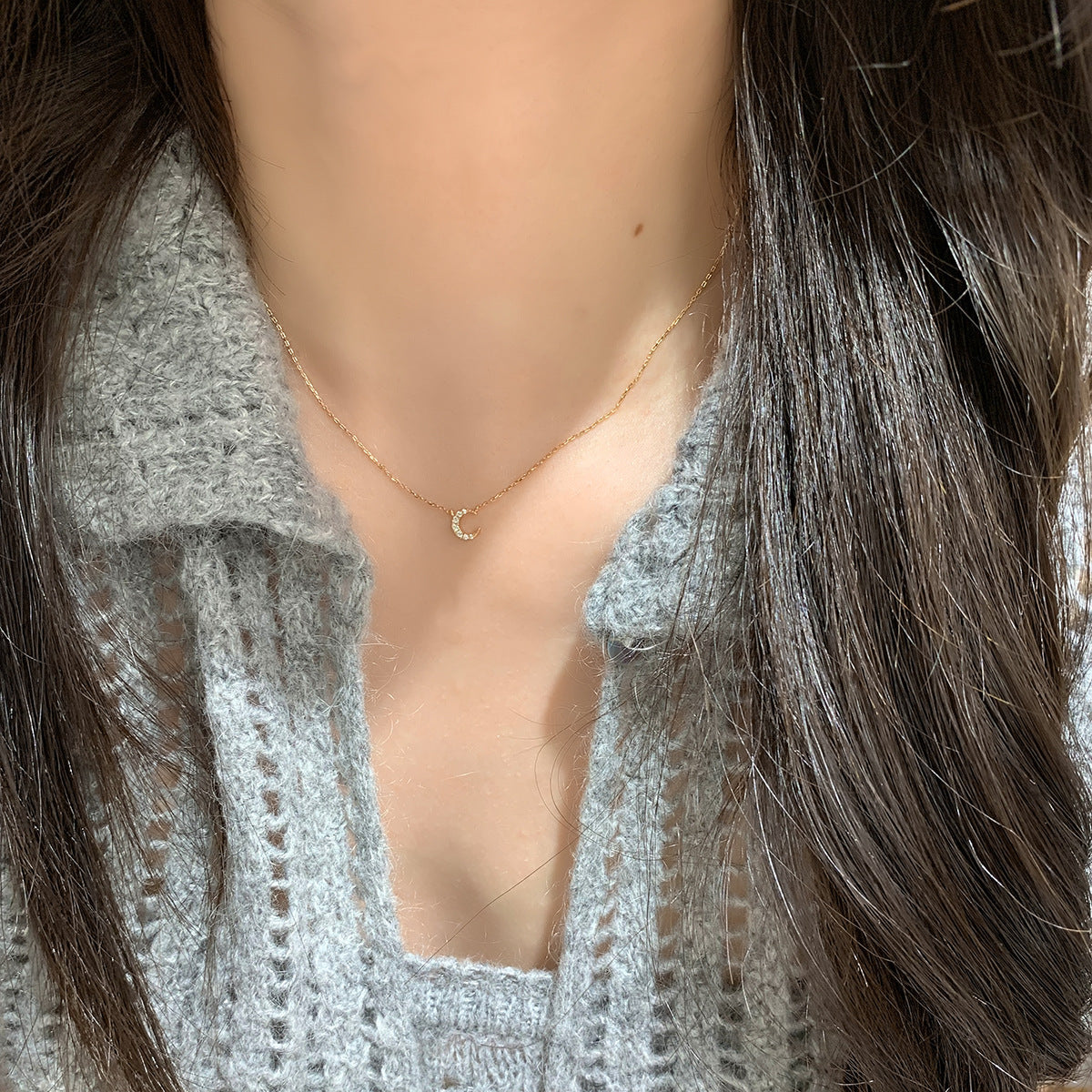 Dainty Pavé Crescent Moon Moissanite Pendant Necklace