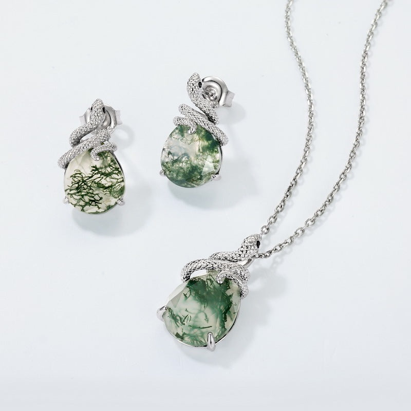 Pear Shaped Moss Agate Snake Stud Earrings