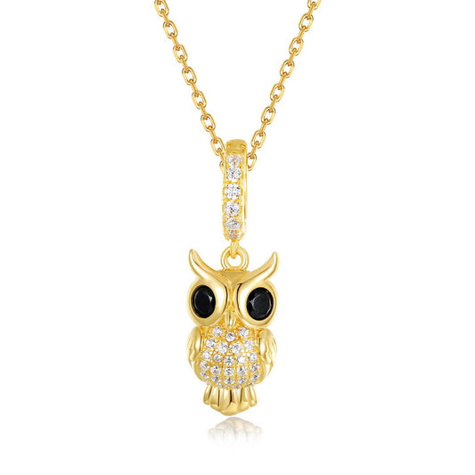 14K Gold Plated Owl Pendant, S925 Sterling Silver Elegant Black Spinel Charm