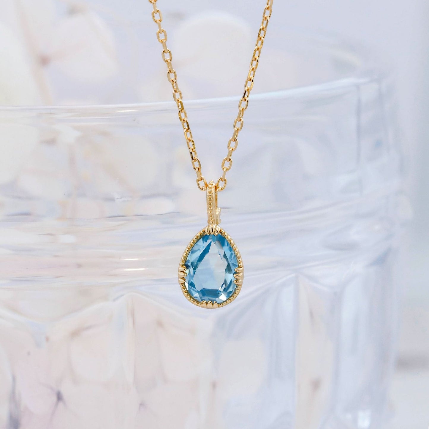 Vintage-Inspired Water Drop Blue Topaz Necklace | Dainty Scalloped Edge Pendant