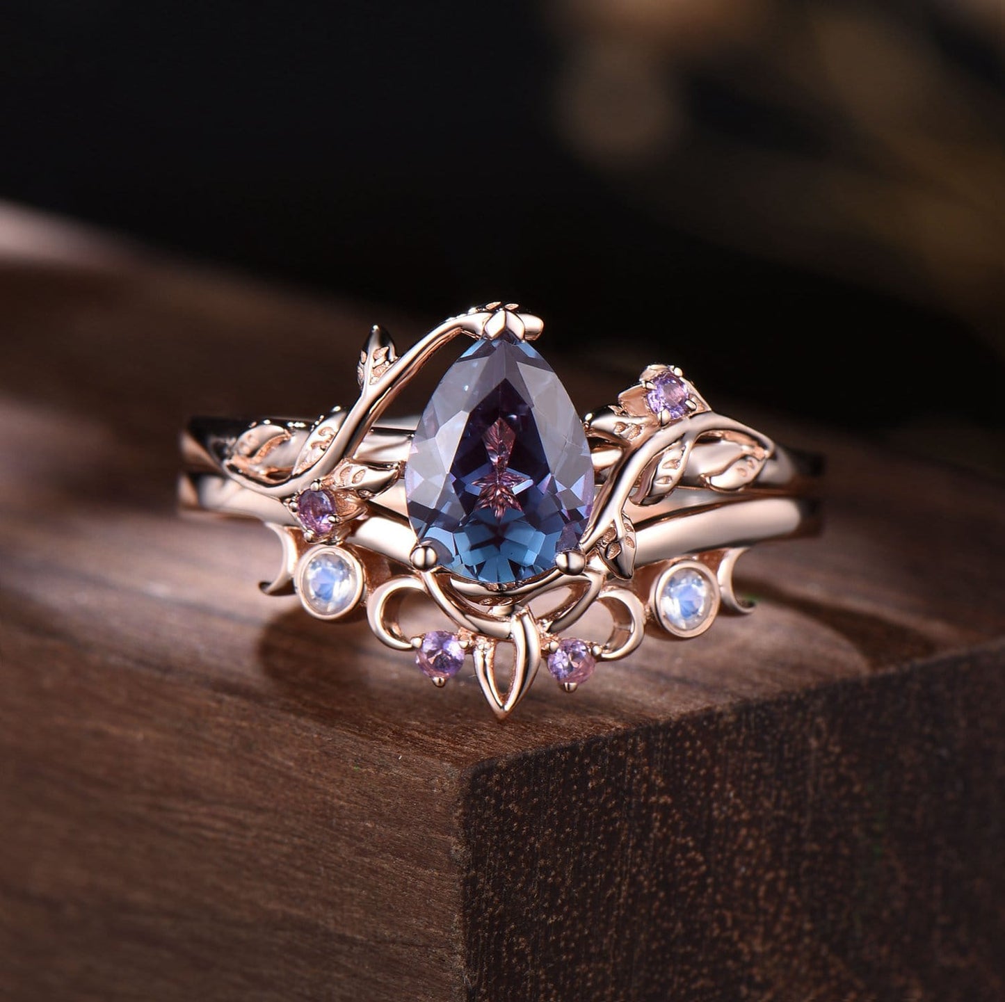Nature Inspired Pear Alexandrite Bridal Set | Rose Gold Branch Engagement Ring with Opal & Amethyst Crown Band