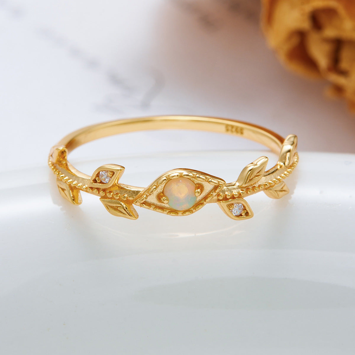 Dainty Opal Leaf Vine Wedding Ring, Nature Inspired Stackable Ring
