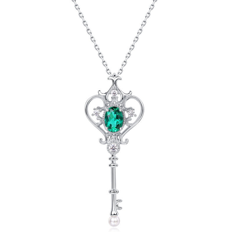 Vintage Style Oval Emerald Necklace Filigree Emerald Key Pendant with Pearl