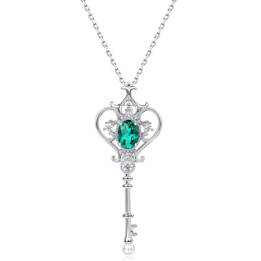 Vintage Style Oval Emerald Necklace Filigree Emerald Key Pendant with Pearl