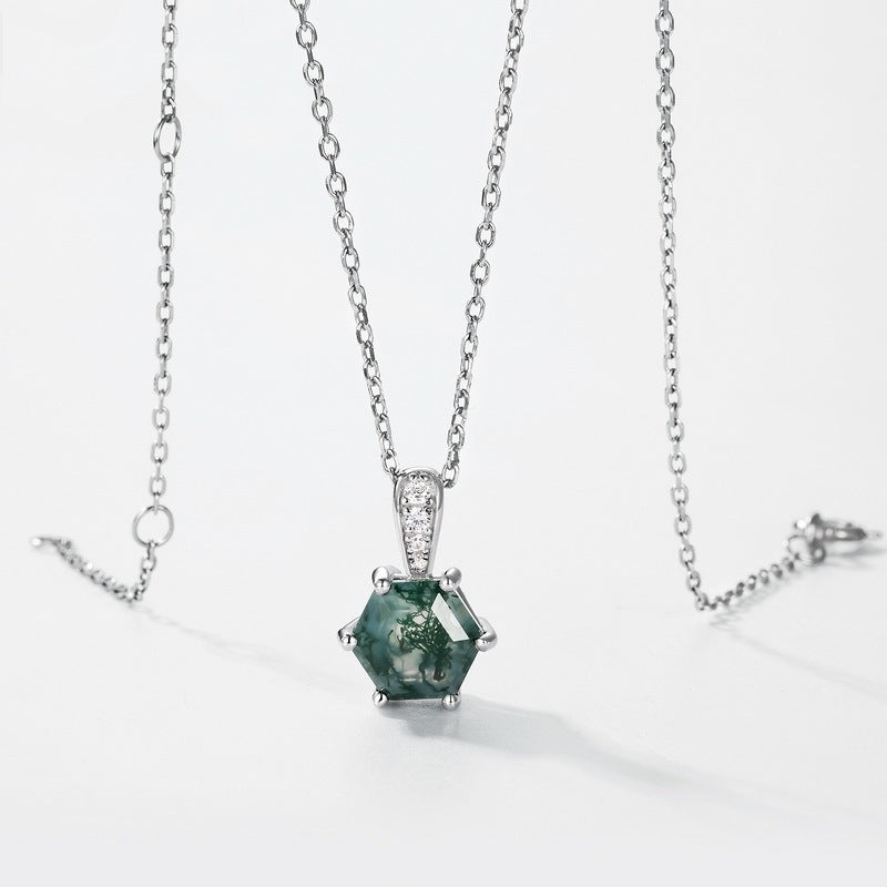 Hexagon Natural Moss Agate Pendant Necklace