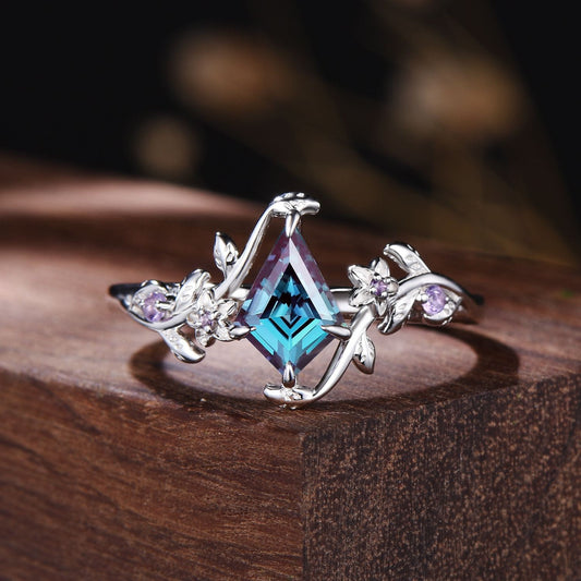 Nature-Inspired Kite Cut Alexandrite Engagement Ring | Floral Vine White Gold Ring with Amethyst Accents