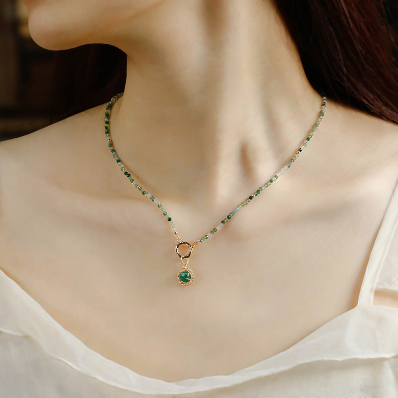Natural Moss Agate Beaded Necklace with Vintage Gold Front Clasp