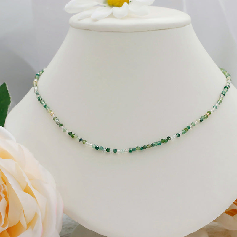 Natural Moss Agate Beaded Necklace with Vintage Gold Front Clasp