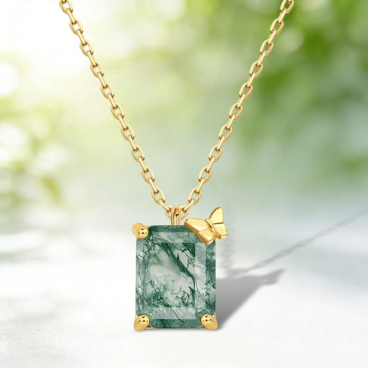 Emerald Cut Moss Agate Butterfly Necklace - 7x9mm Natural Gemstone Pendant