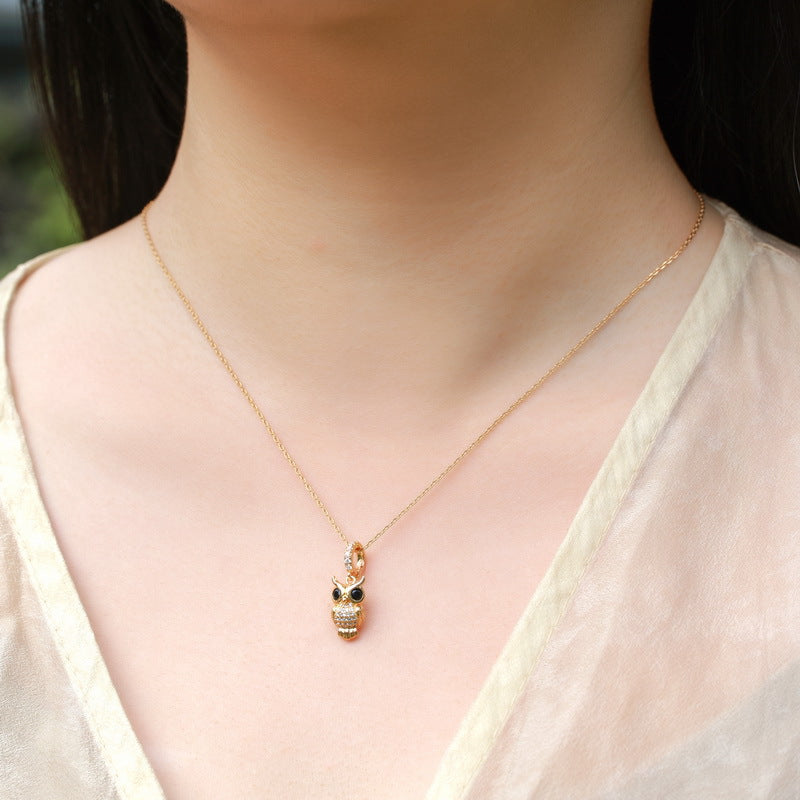 14K Gold Plated Owl Pendant, S925 Sterling Silver Elegant Black Spinel Charm