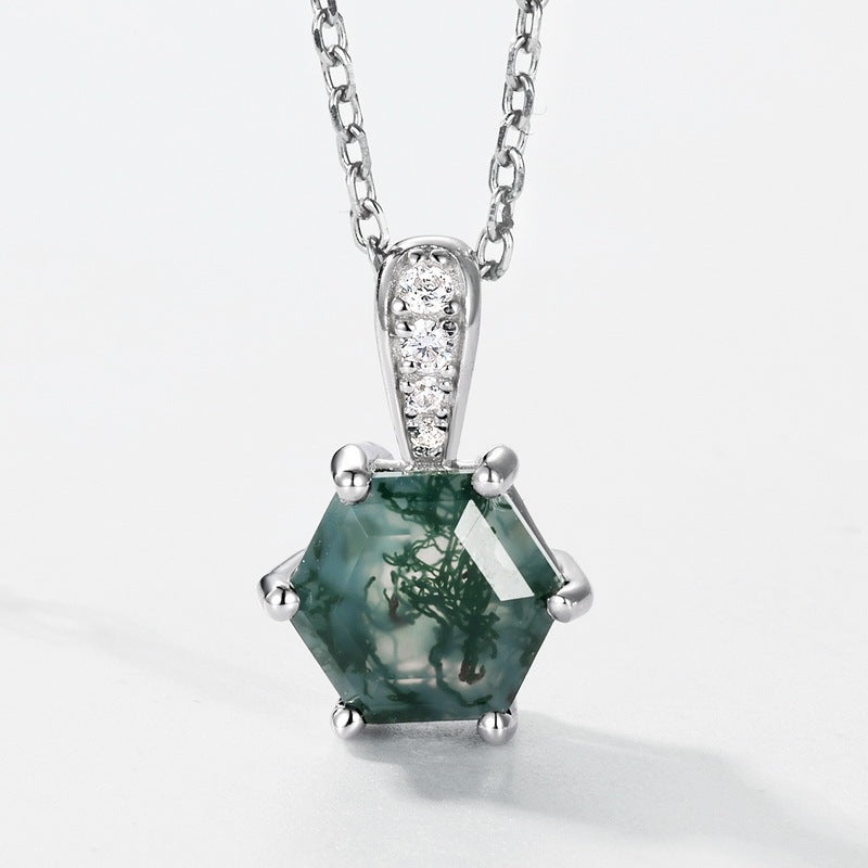 Hexagon Natural Moss Agate Pendant Necklace