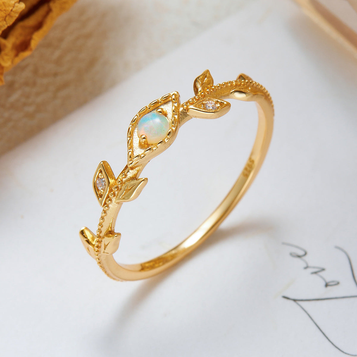 Dainty Opal Leaf Vine Wedding Ring, Nature Inspired Stackable Ring