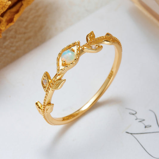 Dainty Opal Leaf Vine Wedding Ring, Nature Inspired Stackable Ring