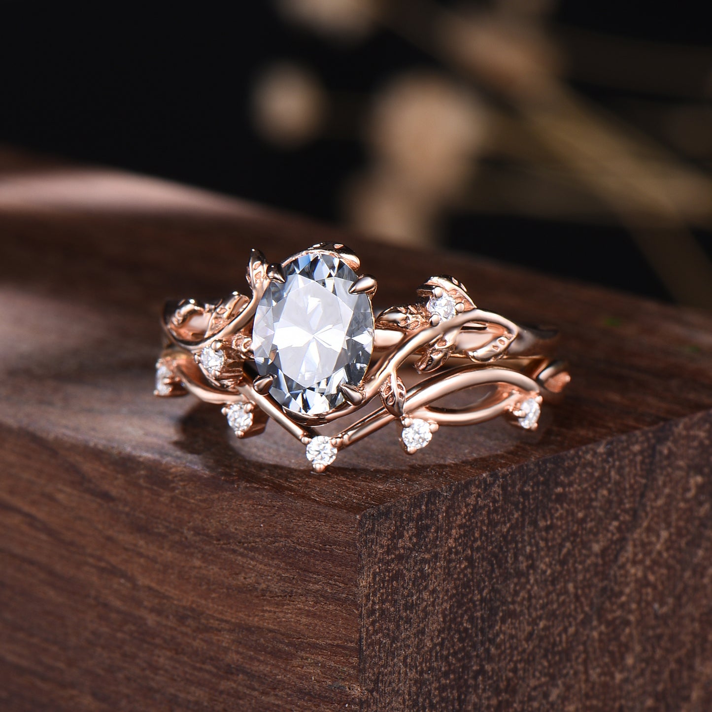 1.5CT Oval Gray Moissanite Wedding Set Leaf Vine Moissanite Engagement Ring Art Deco Stacking Band