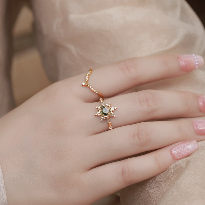 Celestial Sunburst Round Moss Agate Engagement Ring Sun Ring with Nesting Band Unique Bridal Wedding Set