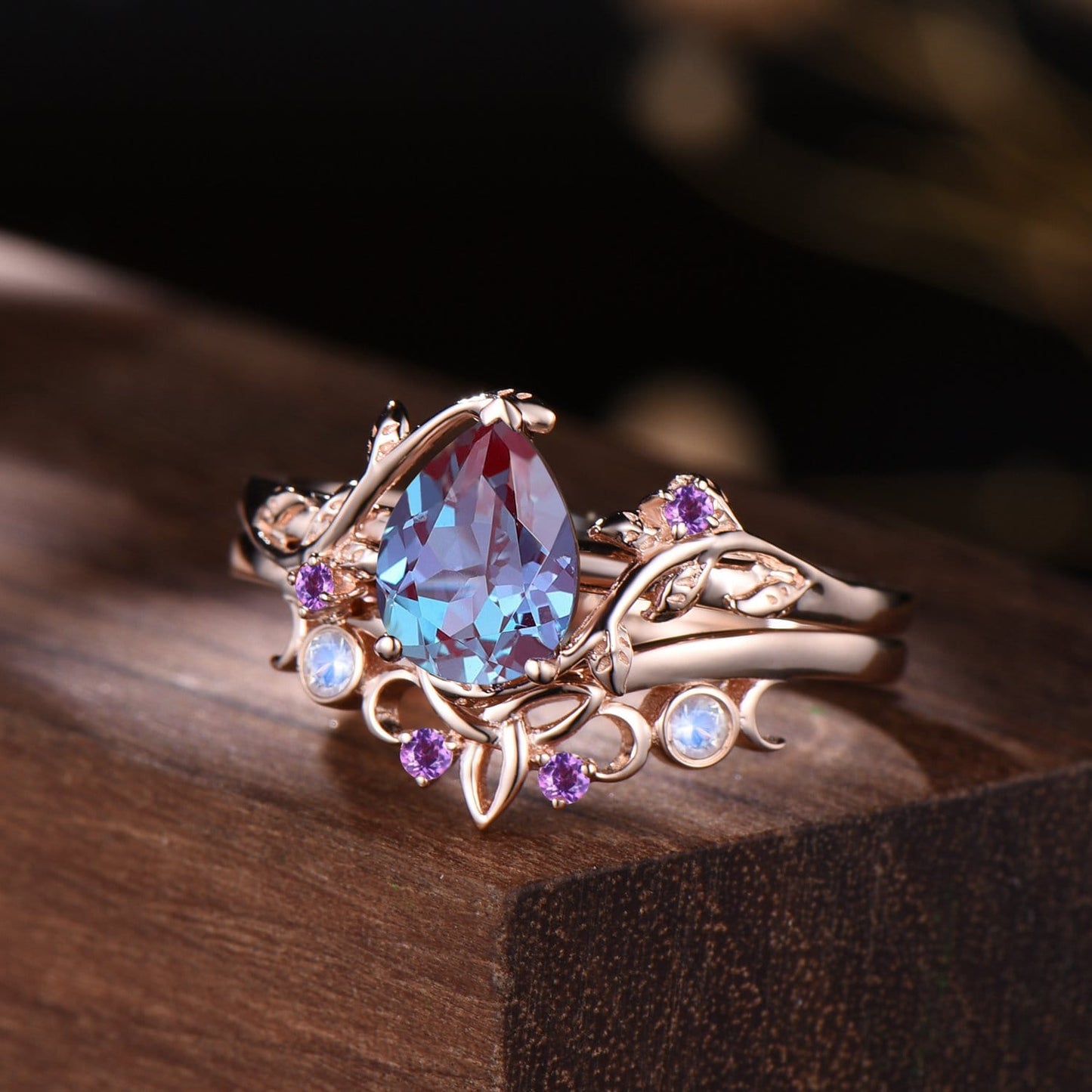 Nature Inspired Pear Alexandrite Bridal Set | Rose Gold Branch Engagement Ring with Opal & Amethyst Crown Band