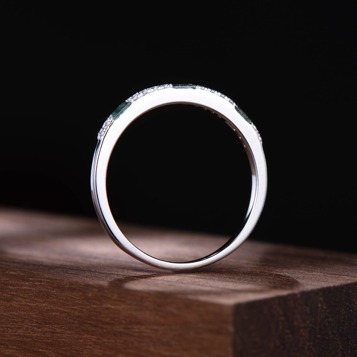 Minimalist Moss Agate Half Eternity Band | White Gold Baguette Vintage Matching Ring