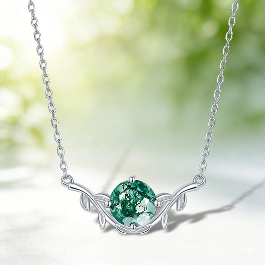 8mm Round Cut Nature Inspired Moss Agate Necklace Leaf Vine Jewelry