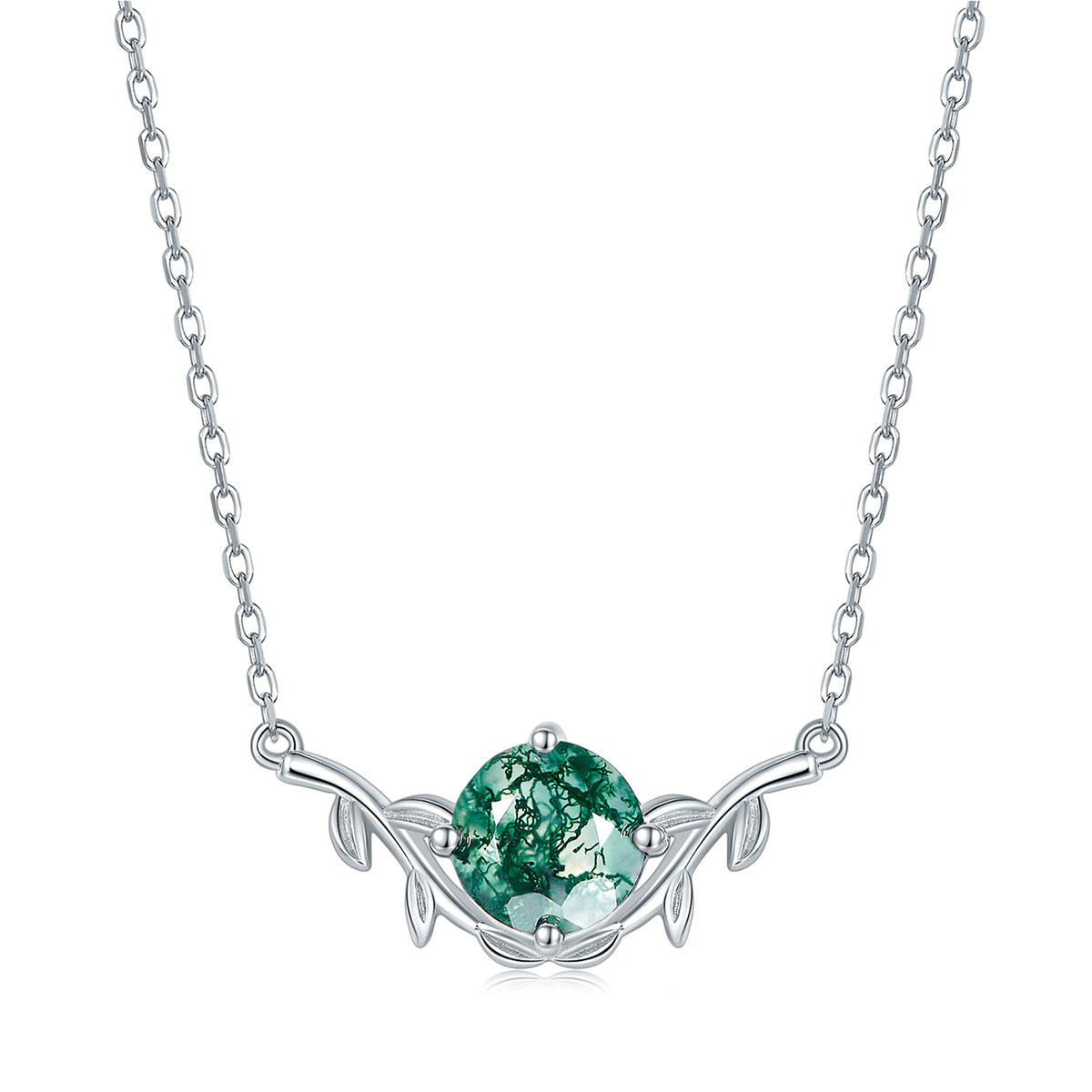 8mm Round Cut Nature Inspired Moss Agate Necklace Leaf Vine Jewelry