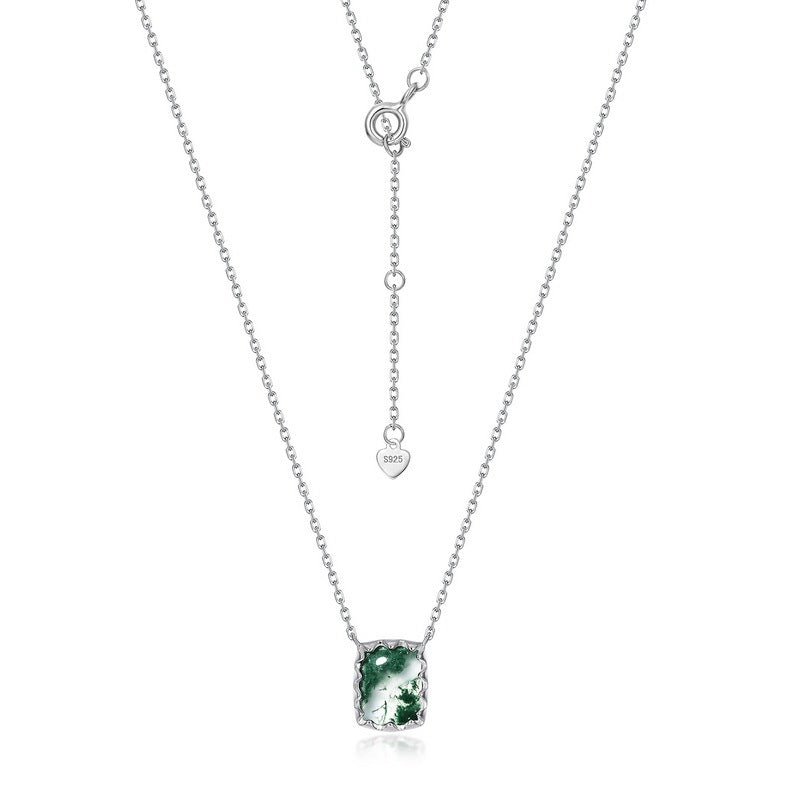 Secret Garden 7x9mm Emerald Cut Moss Agate Pendant Necklace