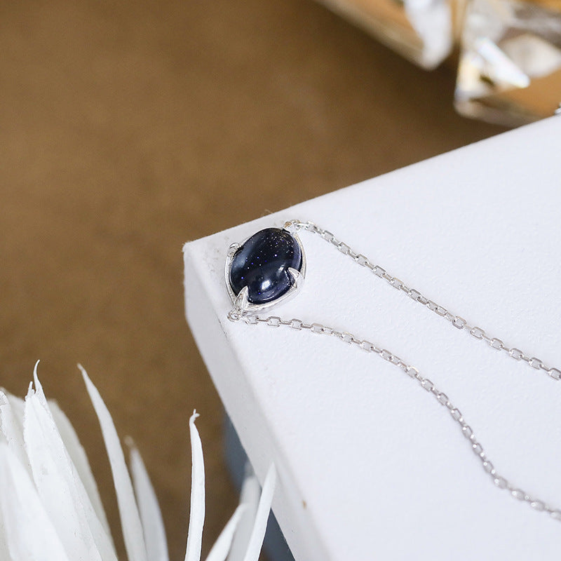 Dainty Silver Blue Sandstone Oval Bracelet