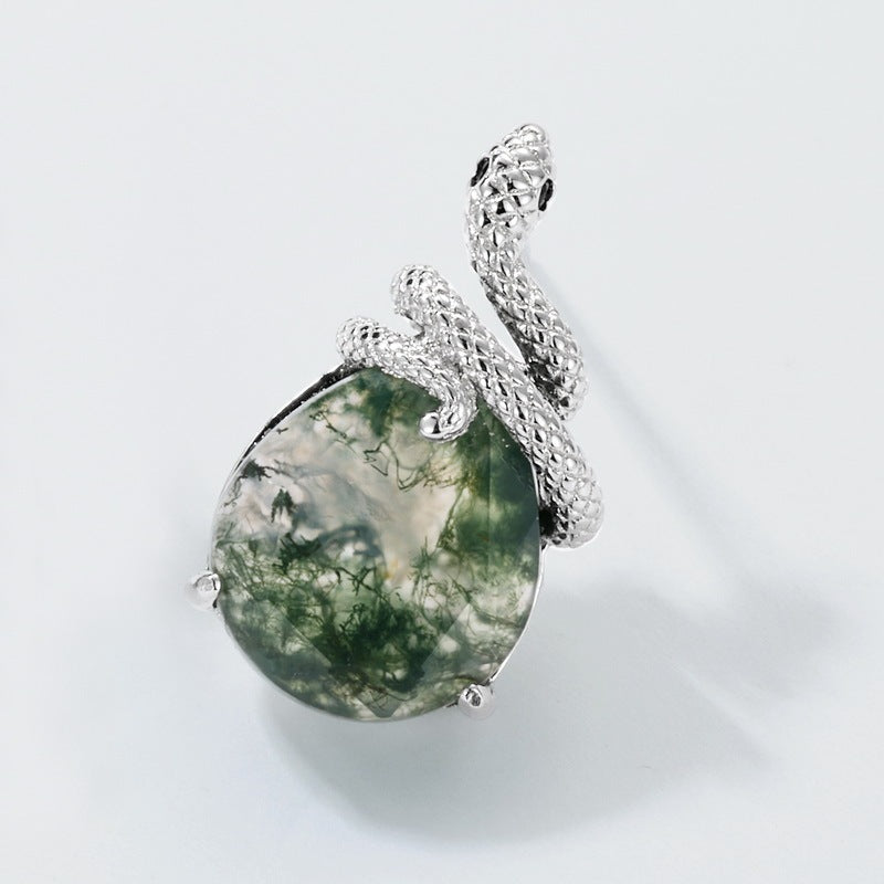 Pear Shaped Moss Agate Snake Stud Earrings