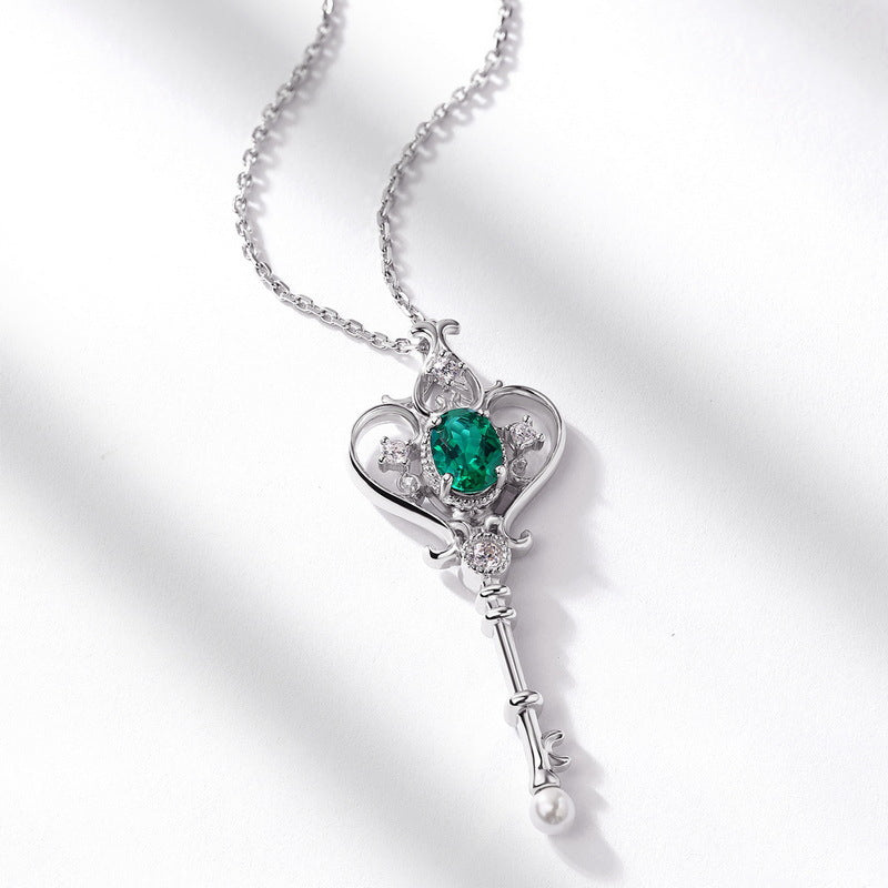 Vintage Style Oval Emerald Necklace Filigree Emerald Key Pendant with Pearl