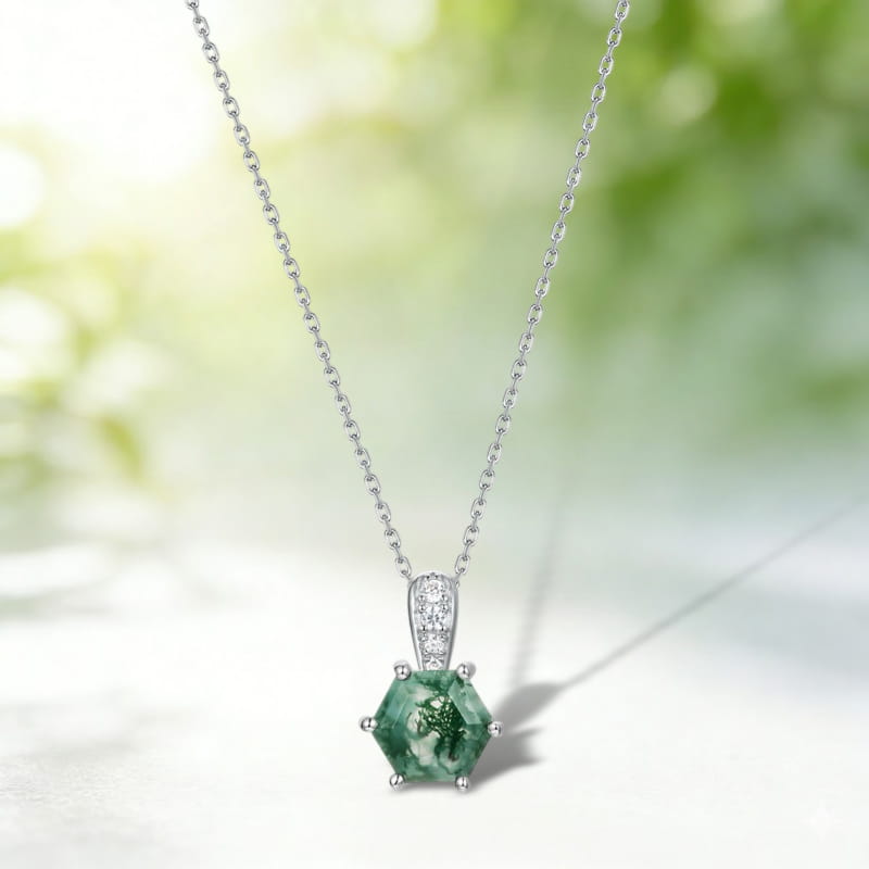 Hexagon Natural Moss Agate Pendant Necklace
