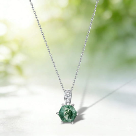 Hexagon Natural Moss Agate Pendant Necklace