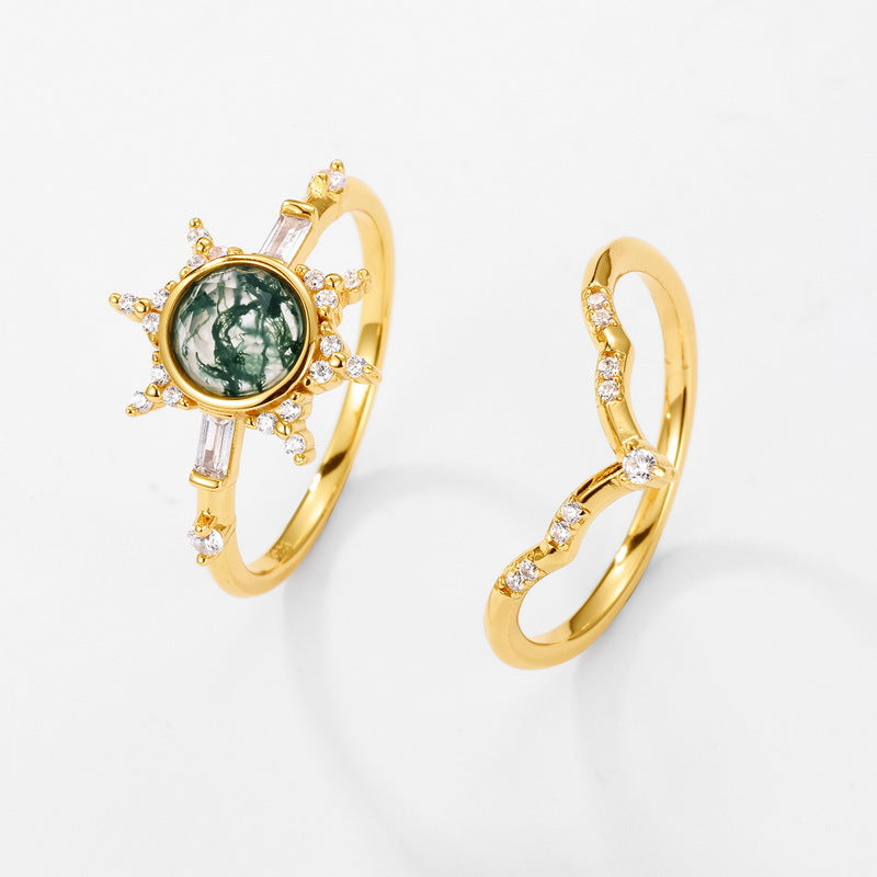 Celestial Sunburst Round Moss Agate Engagement Ring Sun Ring with Nesting Band Unique Bridal Wedding Set