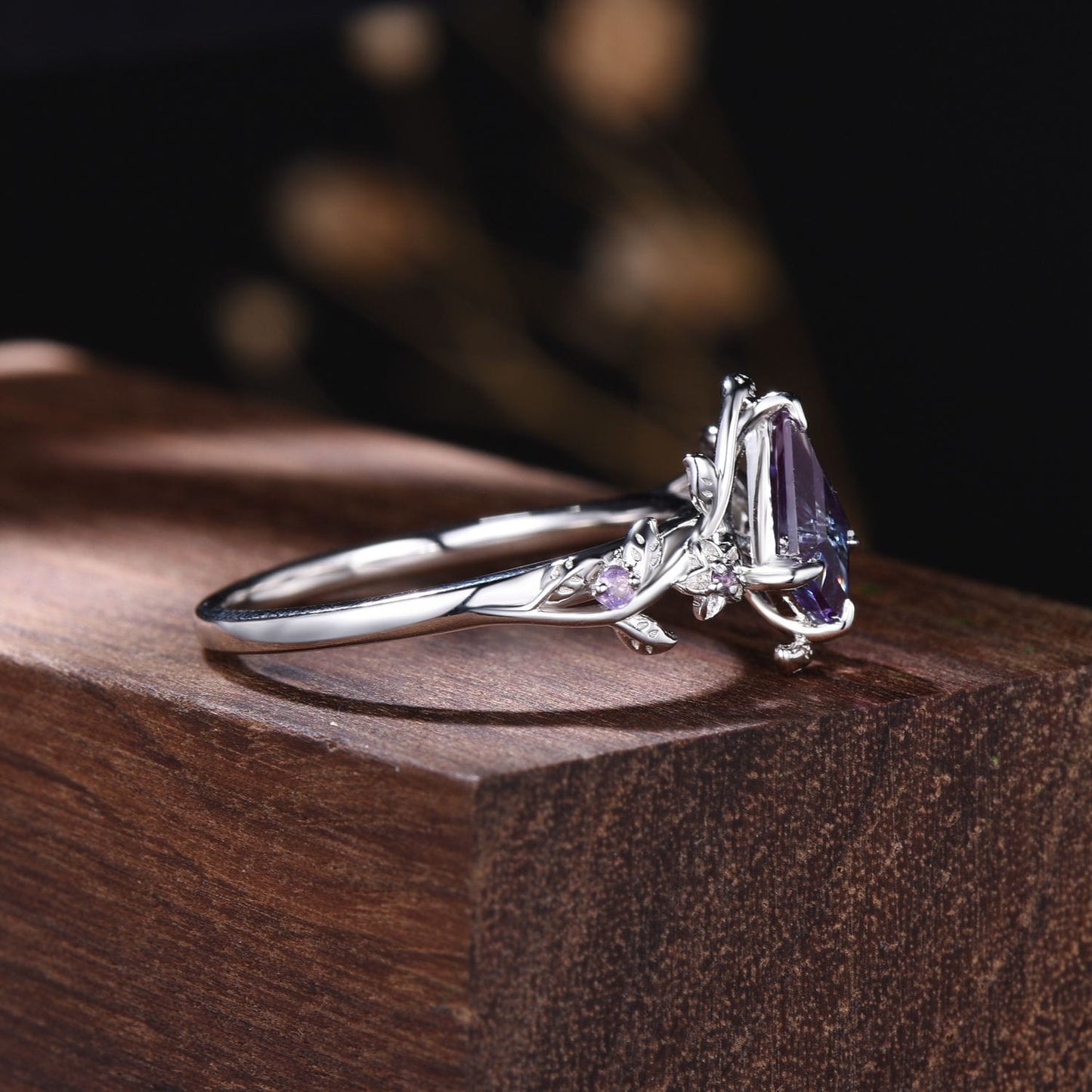 Nature-Inspired Kite Cut Alexandrite Engagement Ring | Floral Vine White Gold Ring with Amethyst Accents