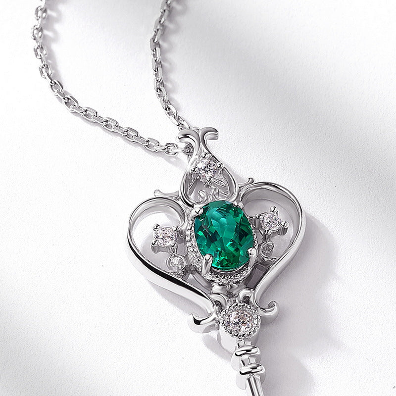 Vintage Style Oval Emerald Necklace Filigree Emerald Key Pendant with Pearl
