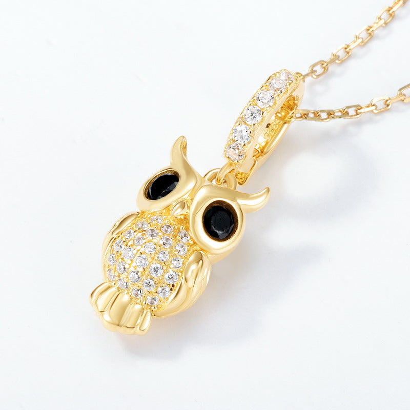 14K Gold Plated Owl Pendant, S925 Sterling Silver Elegant Black Spinel Charm