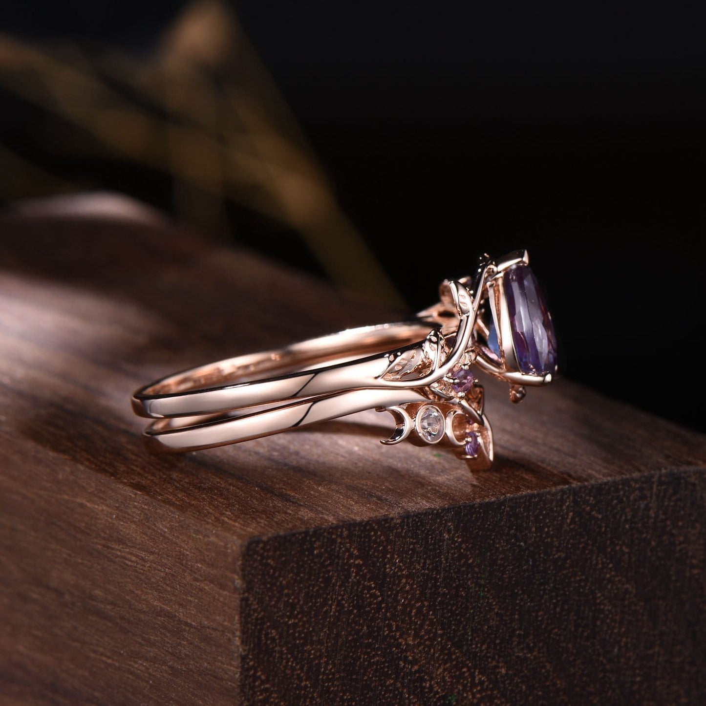Nature Inspired Pear Alexandrite Bridal Set | Rose Gold Branch Engagement Ring with Opal & Amethyst Crown Band
