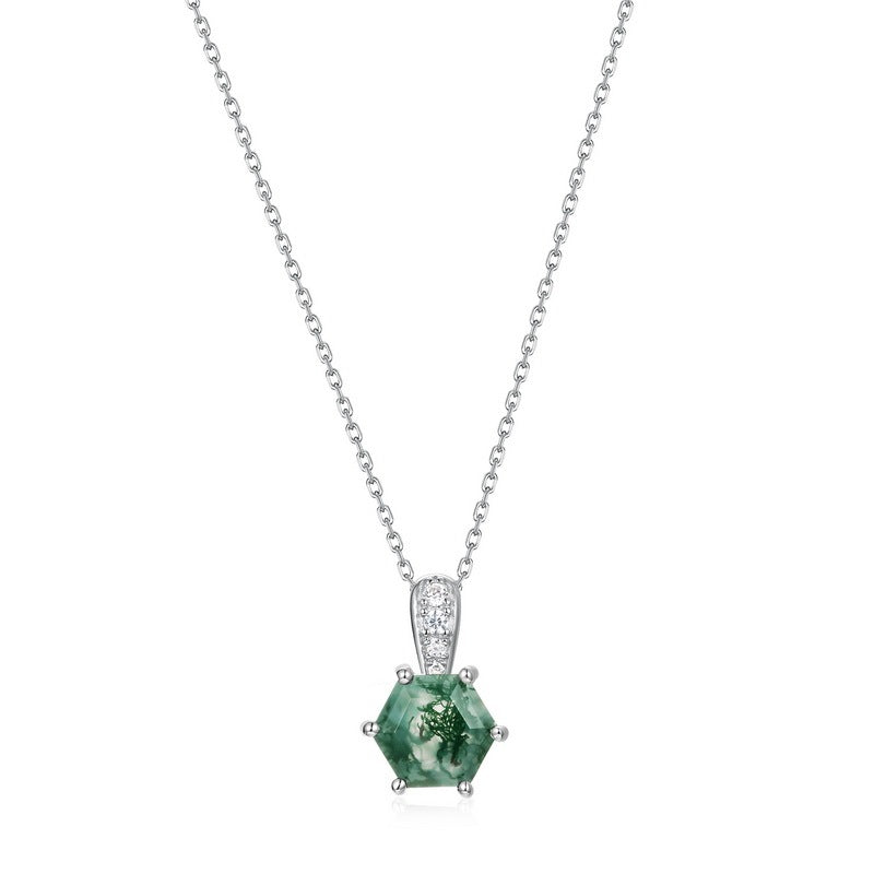 Hexagon Natural Moss Agate Pendant Necklace