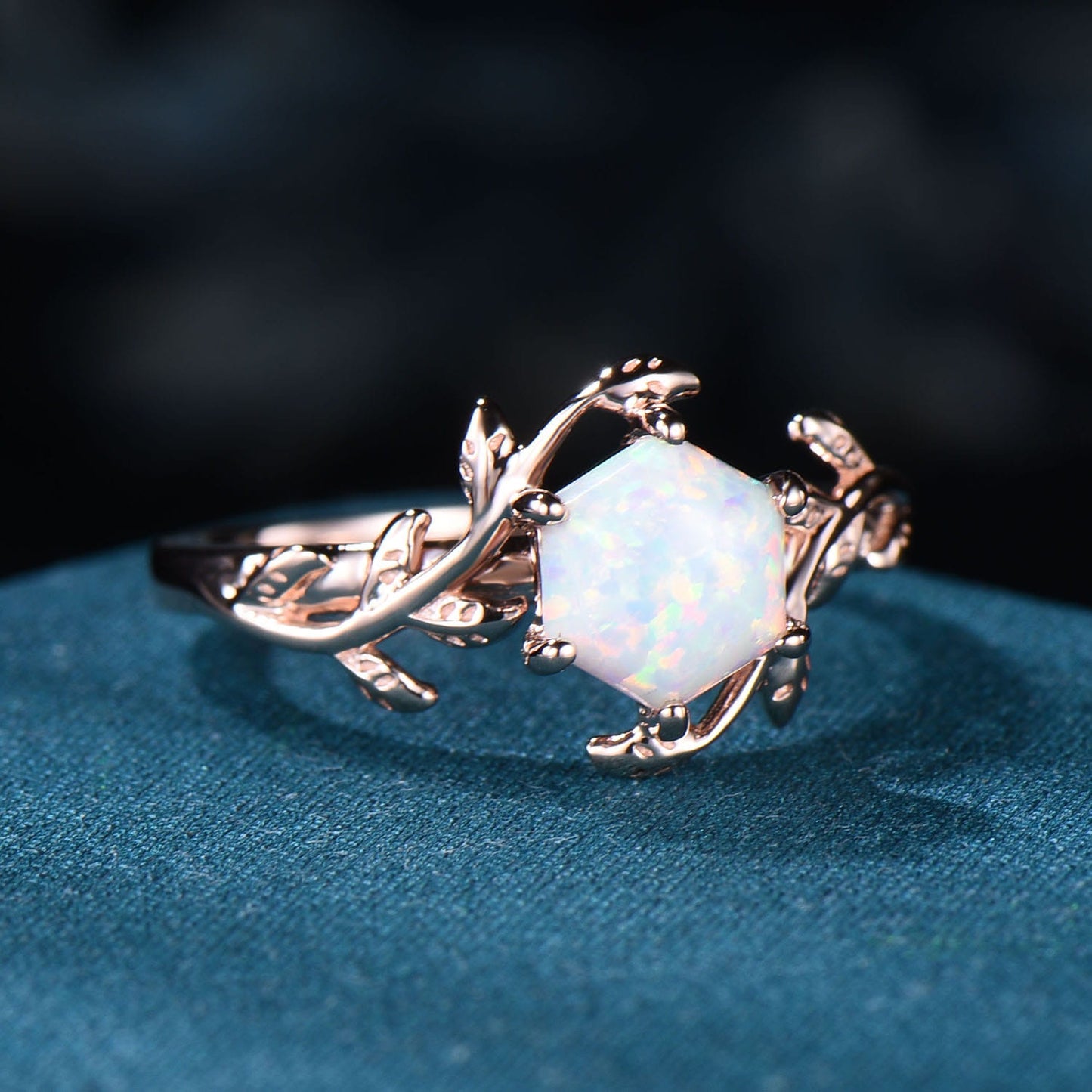 Vintage Hexagon Opal Ring, Rose Gold Vine and Leaf Branch Ring