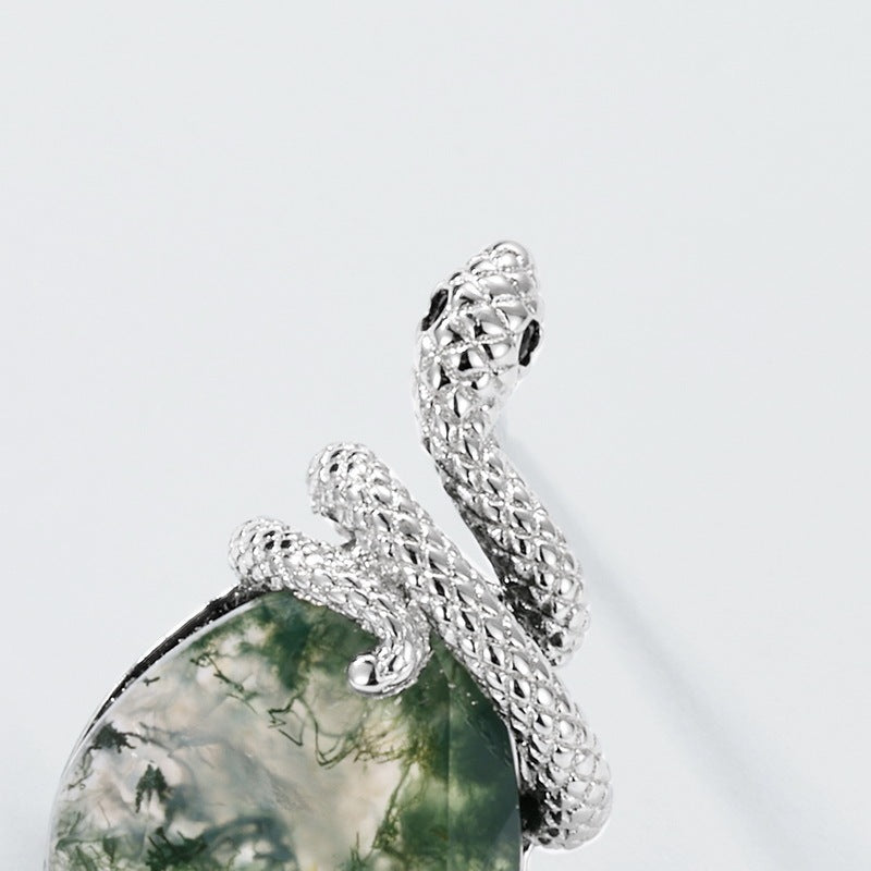 Pear Shaped Moss Agate Snake Stud Earrings