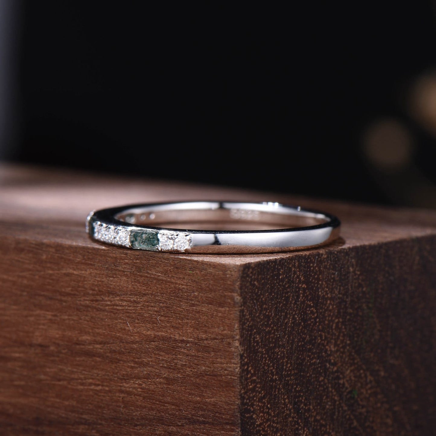 Minimalist Moss Agate Half Eternity Band | White Gold Baguette Vintage Matching Ring