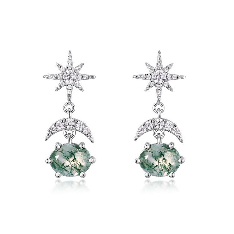 Unique 7x9mm Oval Moss Agate Star and Moon Dangle Earrings